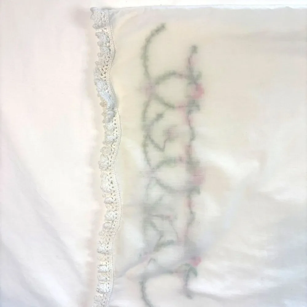 Cottagecore Hand Embroidered White Pillowcase Floral Wavy Lace Trim Vintage EUC